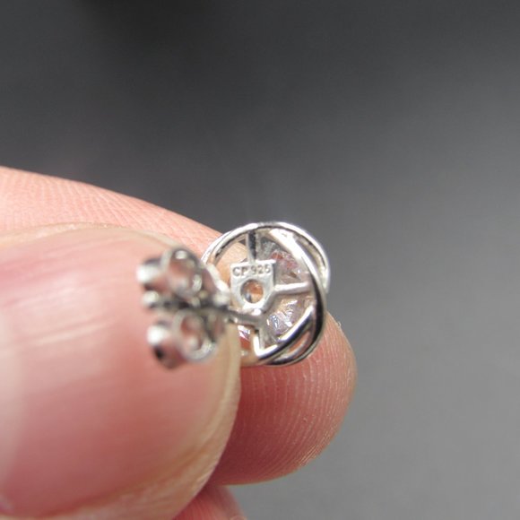Sterling Silver 5.4mm Fancy Cubic Zirconia Stud Earrings Vintage - Picture 5 of 7